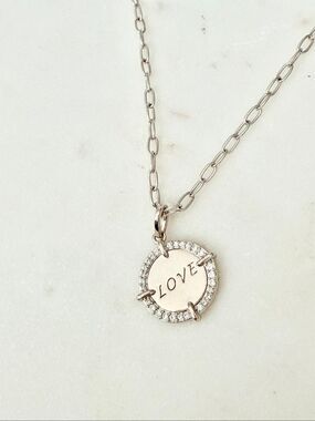 Nadri Love Coin Pendant Necklace Silver Tone Crystal Halo